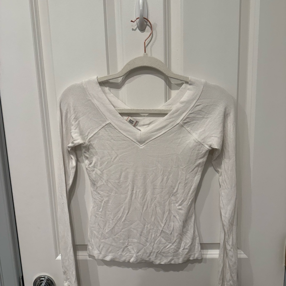BDG White V-Neck Long Sleeve Top